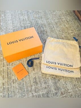 Louis Vuitton Orange Box with Cream Dust Bags, Blue Ribbon, & Book - Empty Box